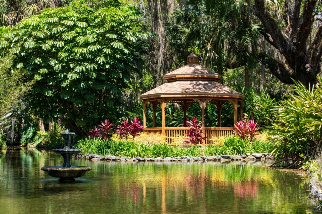 Gazebo, fountains and pond in the Washington Oaks Garden State Park one of the best things to do in Palm Coast FL.